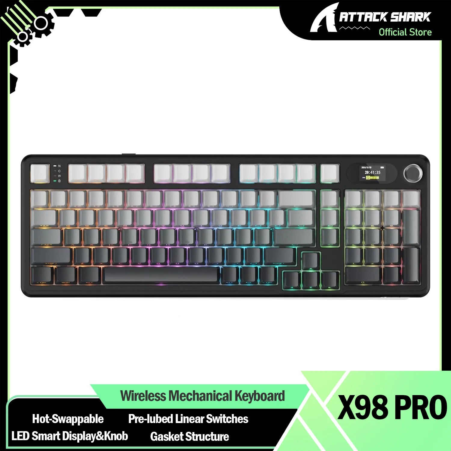 ATTACK SHARK X98 RGB Wireless Mechanical Keyboard – LED Smart Display & Knob, Hot-Swappable, Pre-Lubed Linear Switches