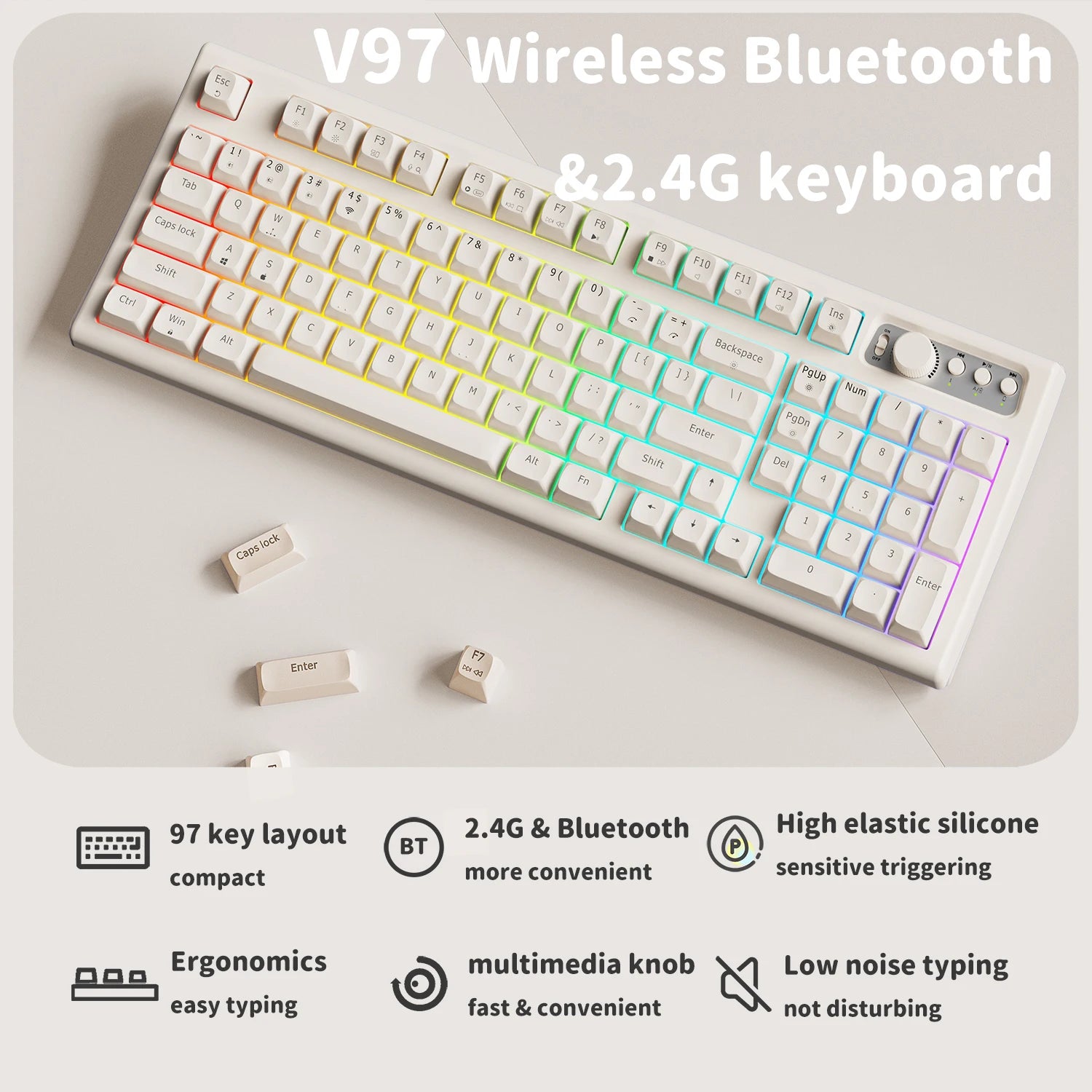 EWEADN V97 Cute Creamy Keyboard – Wireless Gaming Keyboard with Bluetooth & 2.4GHz, RGB Backlit, Rechargeable, Quiet Typing, for PC Gamers