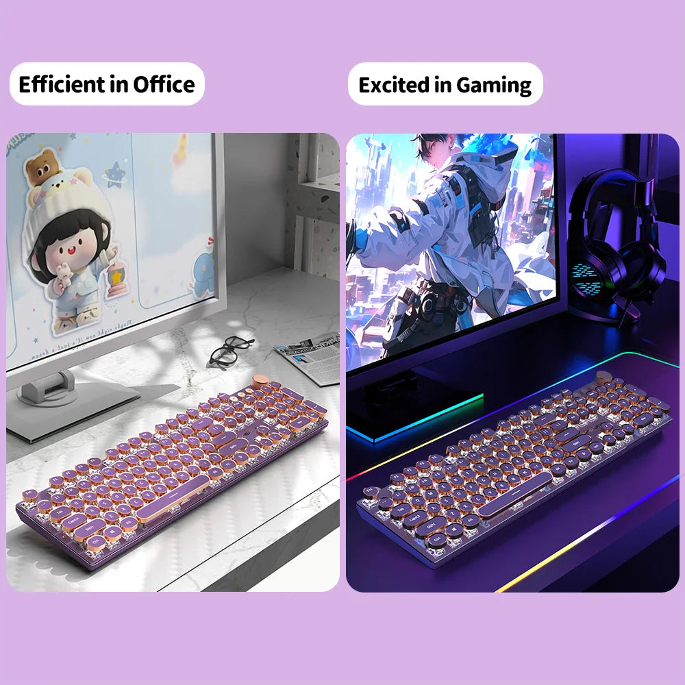 EWEADN V20 Punk Typewriter Mechanical Gaming Keyboard – 104 Keys, Round Keycaps, LED White Backlight, Key-Wire Separation Design
