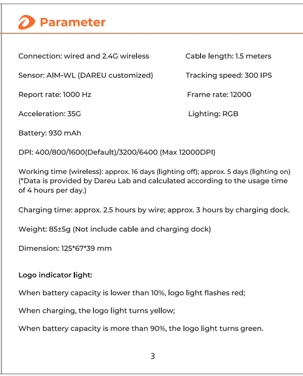 DAREU Dual-Mode Gaming Mouse – 2.4G Wireless & Wired, RGB, 930mAh Rechargeable Battery, Macro Programmable, for PC & Laptop