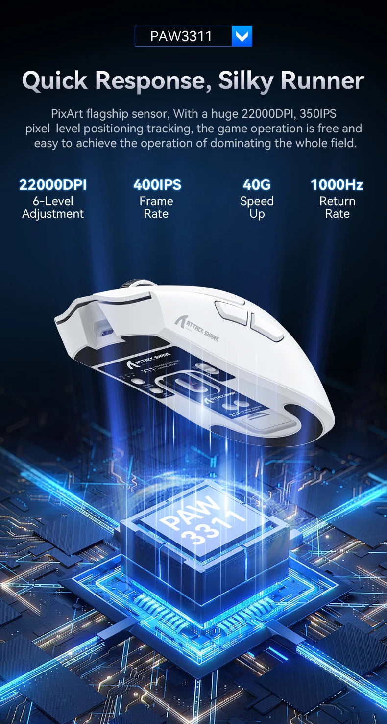 ATTACK SHARK X11 Tri-Mode Gaming Mouse – Bluetooth / 2.4G, PAW3311 Sensor, RGB, Magnetic Charging Dock, Esports Mouse