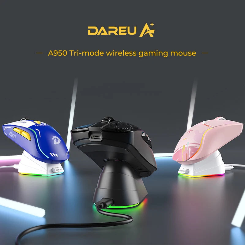 DAREU Tri-Mode Gaming Mouse – Bluetooth / Wired / 2.4G, Charging Base, KBS Buttons, for Laptop & PC Gamers