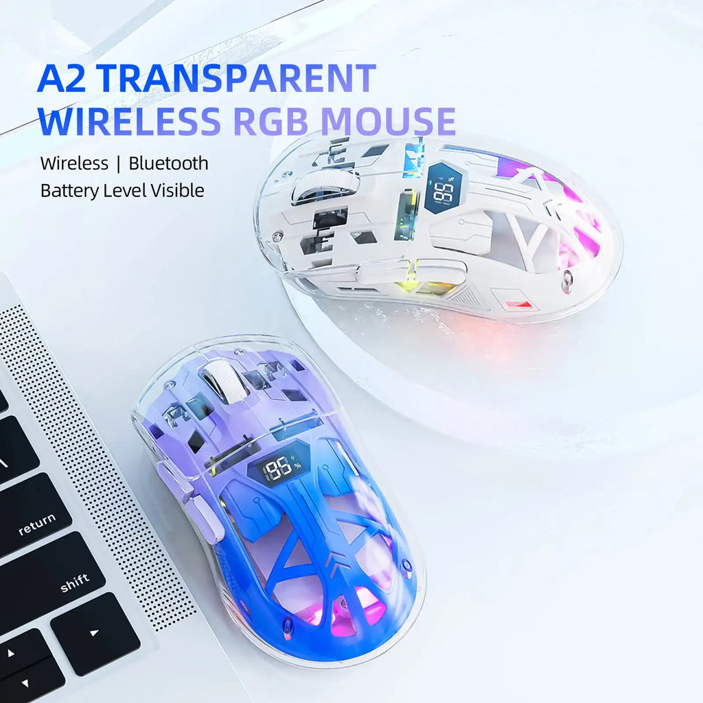 FreeWolf A2 Transparent RGB Wireless Gaming Mouse – Battery Display, Bluetooth & 2.4G, PixArt PAW3212 Sensor