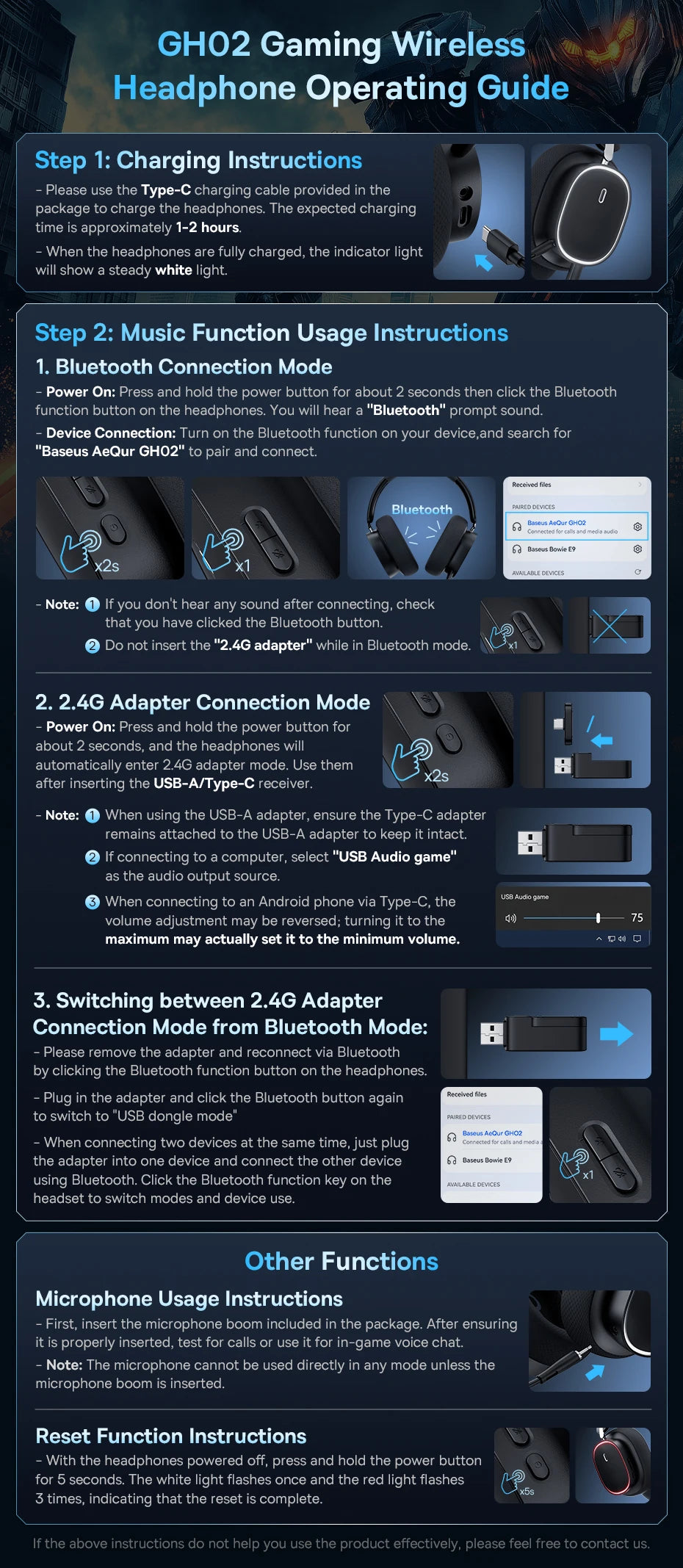 Baseus GH02 Wireless Gaming Headset – Bluetooth 5.3, 2.4G/Wired, RGB, 40mm Drivers