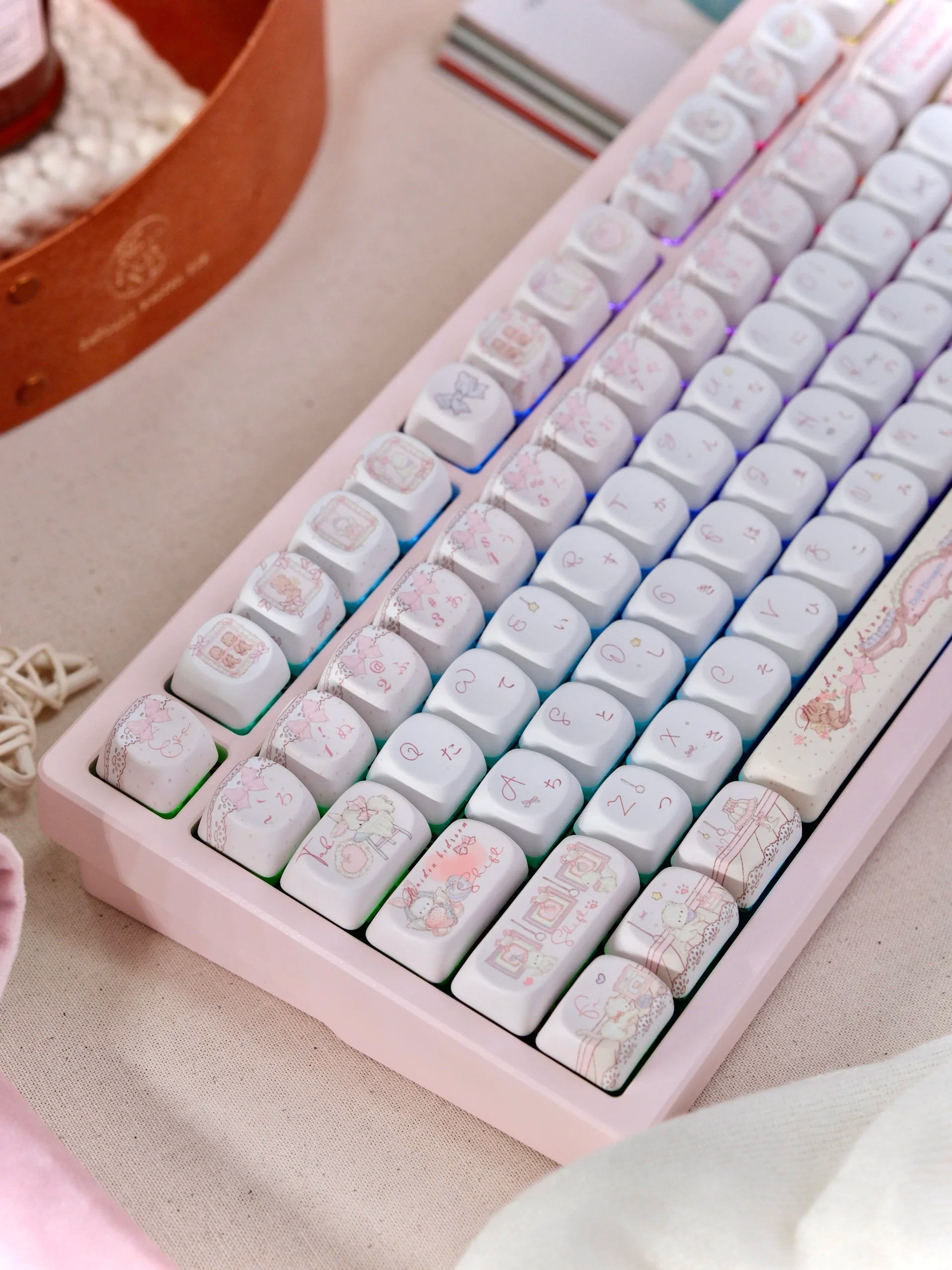 Baby’s Dream Pink & White Theme Keycaps – 139 Keys, PBT Cherry Profile SOA, Custom Original Handmade Keycaps for Mechanical Keyboard