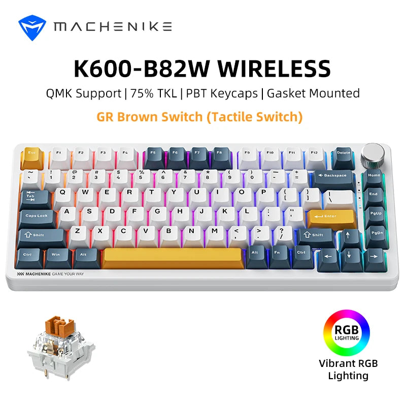 Machenike K600-B82W Mechanical Keyboard – 75% ANSI Layout, Gasket Mounted, RGB Backlit, Tri-Mode Wireless Gaming Keyboard