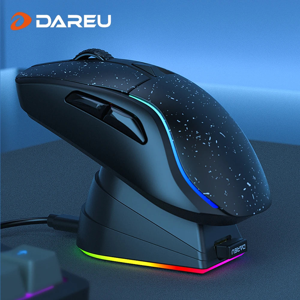 DAREU Tri-Mode Gaming Mouse – Bluetooth / Wired / 2.4G, Charging Base, KBS Buttons, for Laptop & PC Gamers