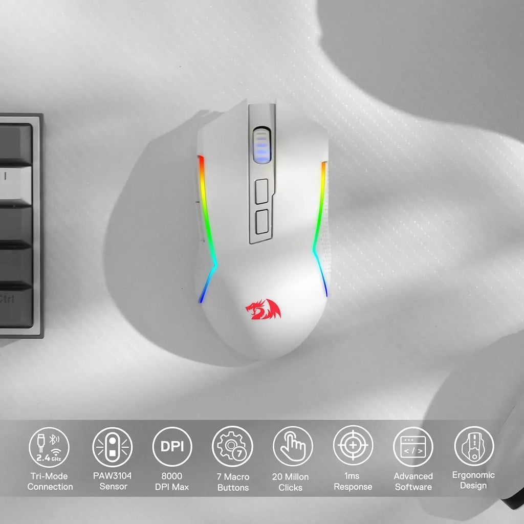 Redragon M693 Gaming Mouse – 3-Mode Connection (Wired / Bluetooth / 2.4G), 8,000 DPI, RGB Backlight, for PC/Mac/Laptop