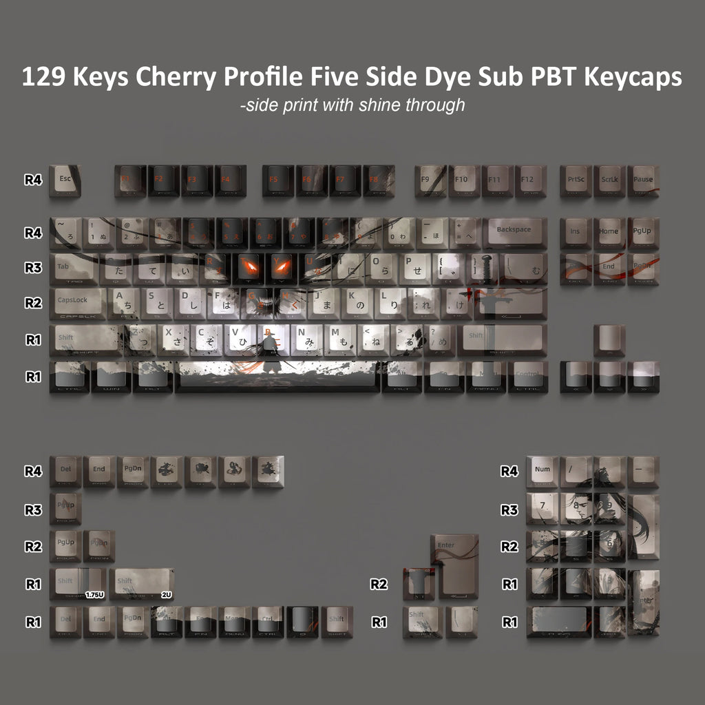 129 Keys Swordsman Keycaps – 5-Side Dye-Sub PBT, Cherry Profile, Side-Printed Shine-Through Keycaps for MX Switches Gaming Keyboard