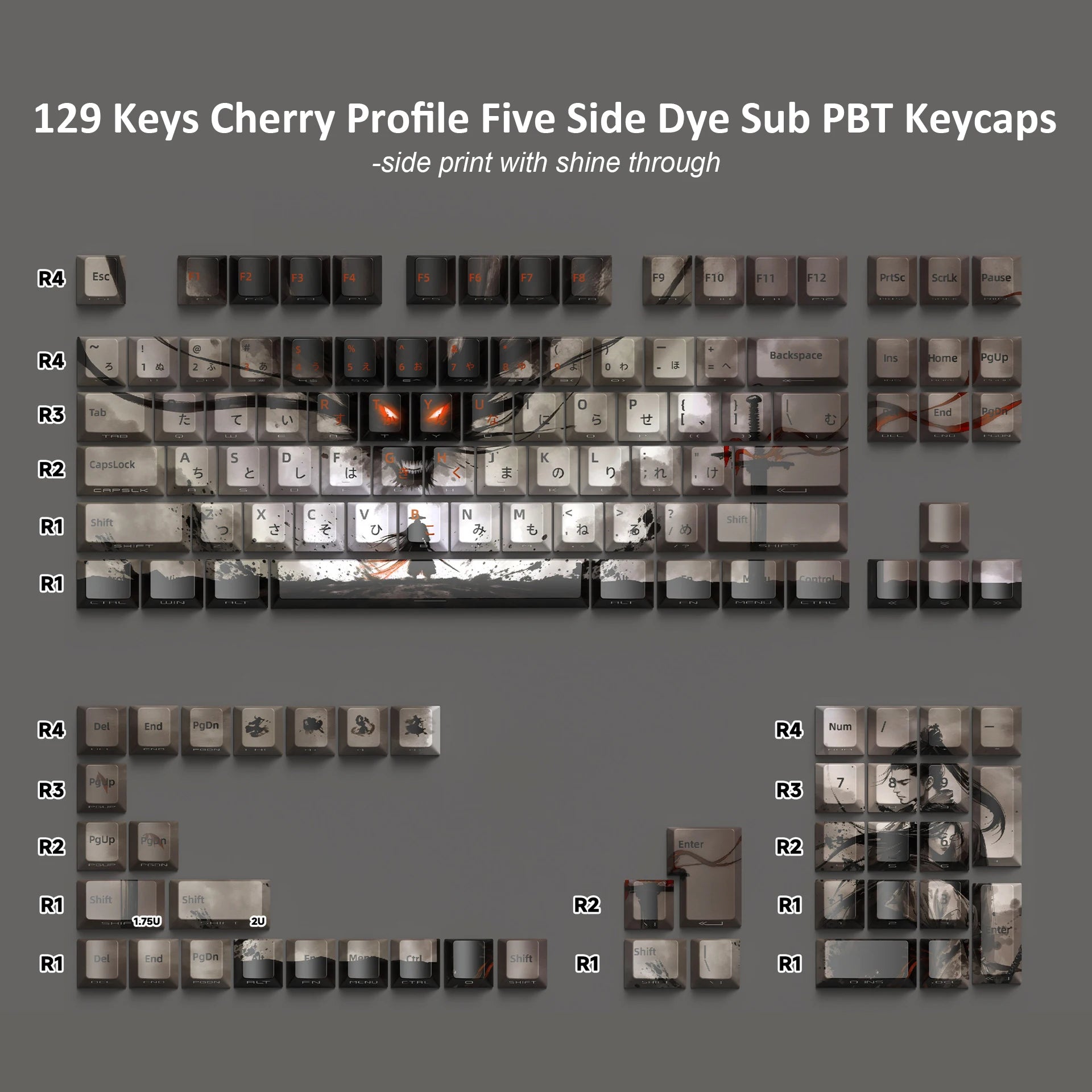 129 Keys Swordsman Keycaps – 5-Side Dye-Sub PBT, Cherry Profile, Side-Printed Shine-Through Keycaps for MX Switches Gaming Keyboard