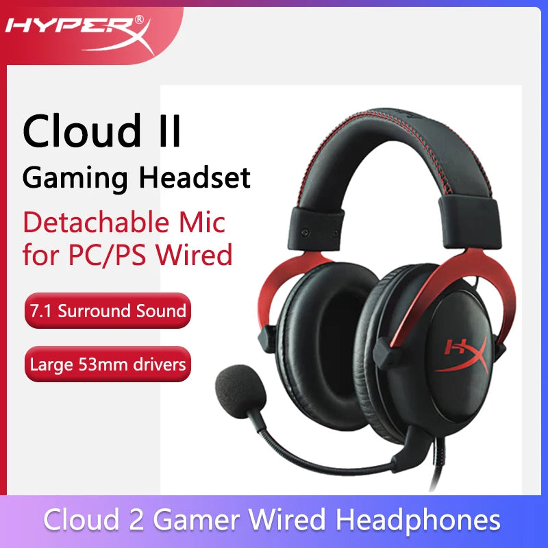 HyperX Cloud II Wired Gaming Headset – Hi-Fi 7.1 Surround Sound, Detachable Mic, USB Sound Card