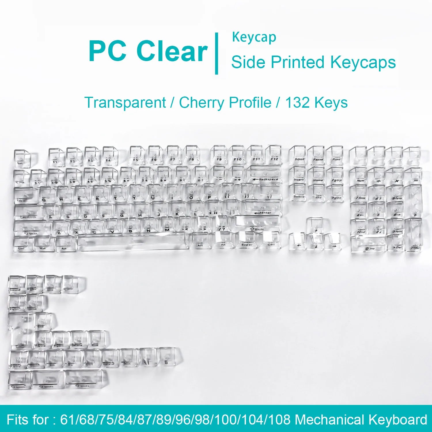 132 Keys Korean Layout Keycaps – Cherry Profile, White Transparent PC Keycaps, UV Printing Crystal Keycaps for MX Switches Gaming Keyboard