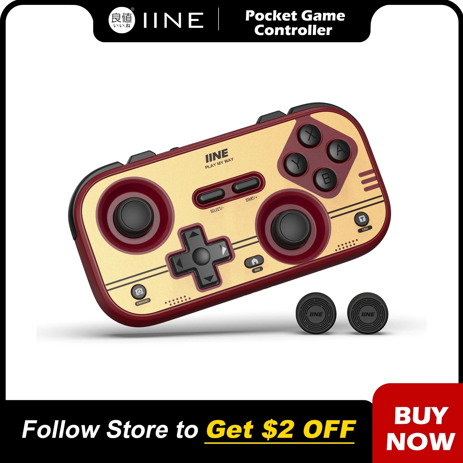 INE Retro Red Pocket Controller - Hall Effect Joysticks, 1000Hz Polling Rate, 6-Axis Gyro, Portable for Switch/PC/Mobile