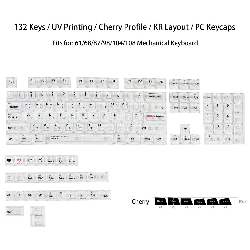 132 Keys Korean Layout Keycaps – Cherry Profile, White Transparent PC Keycaps, UV Printing Crystal Keycaps for MX Switches Gaming Keyboard