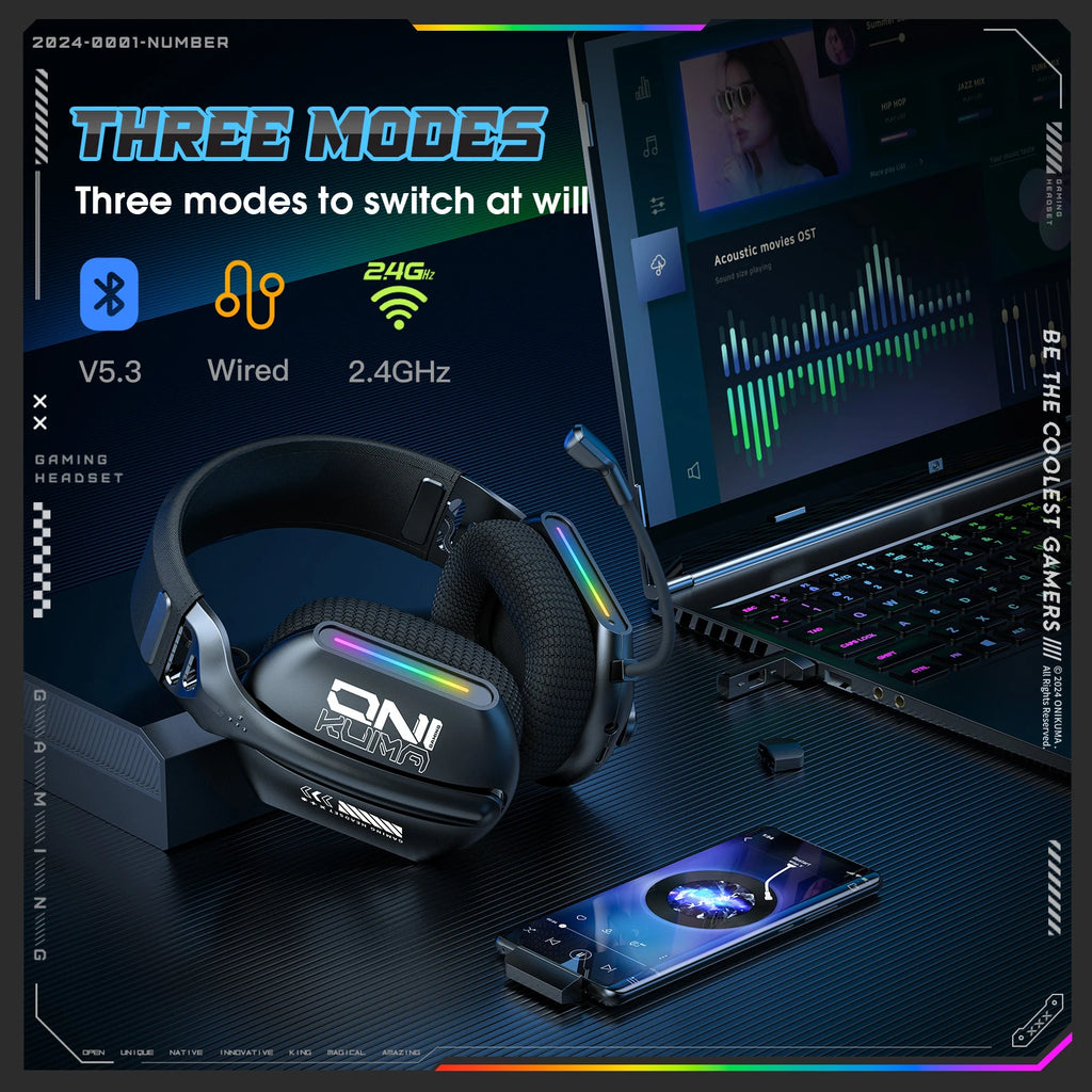 ONIKUMA Wireless Gaming Headset – 2.4G / Bluetooth / Wired, Bendable HD Mic, Soft Ear Pads