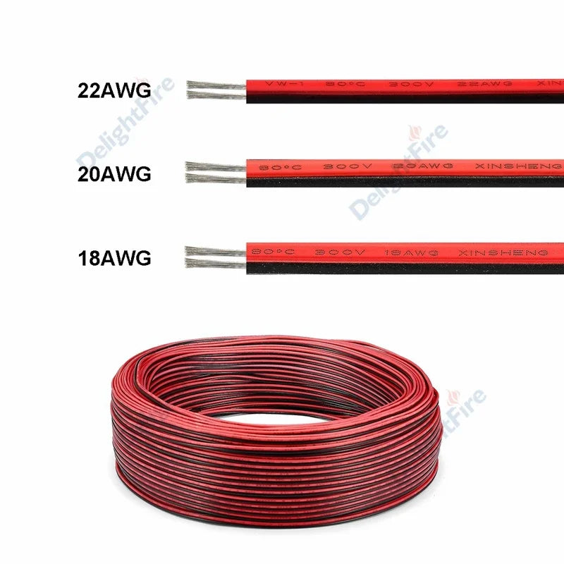 2-Pin Electrical Wire – Tinned Copper, PVC Insulated Red & Black Cable, for Single-Color LED Strip Light Extension, 18/26/28 AWG