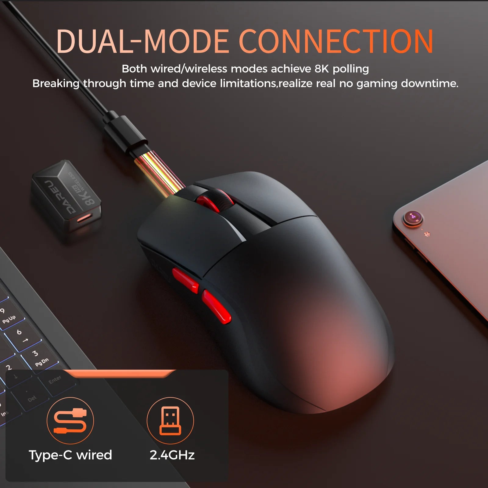 DAREU Dual-Mode Gaming Mouse – 8KHz Polling, 2.4G Wireless & Wired, 35g Lightweight, 30,000 DPI, AIM-750 Sensor