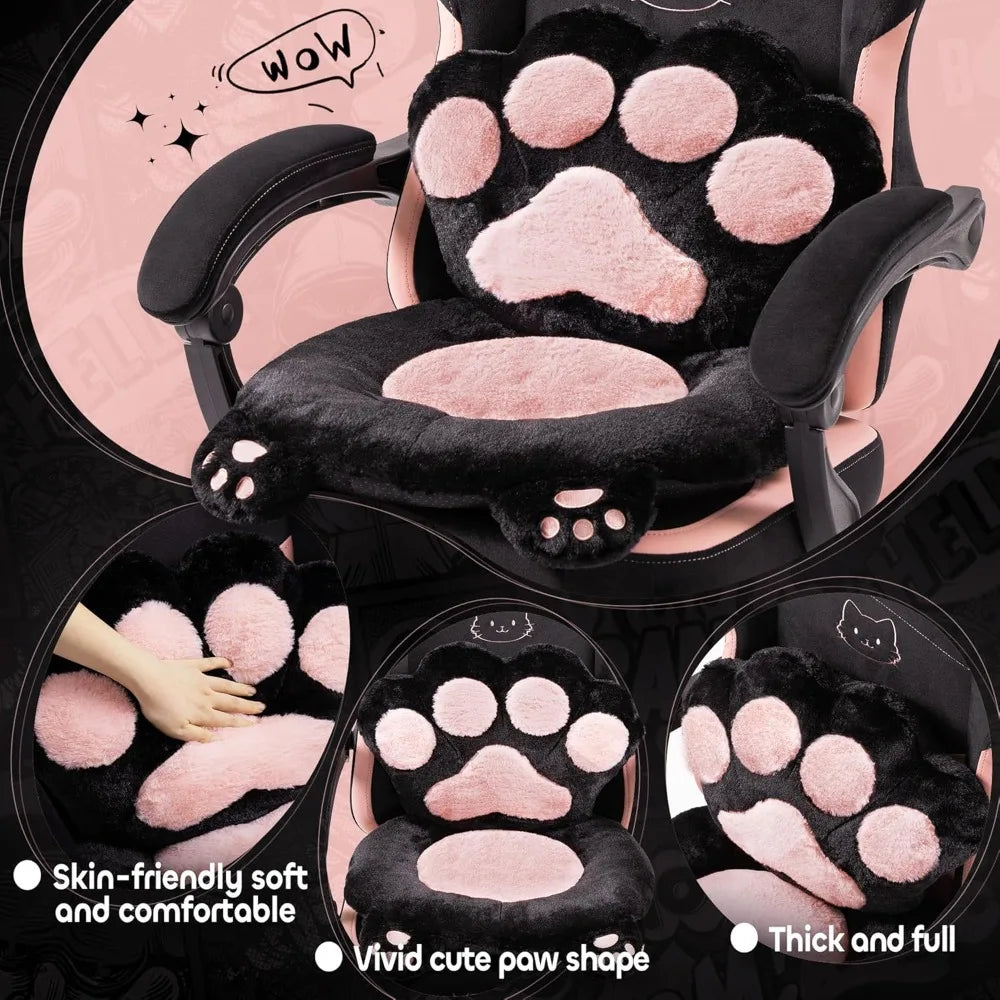 Pink Gaming Chair, Cute Cat Ear Claw Waist Pad, Ergonomic Computer Chair with Footrest, Reclining Computer Gaming Chair
