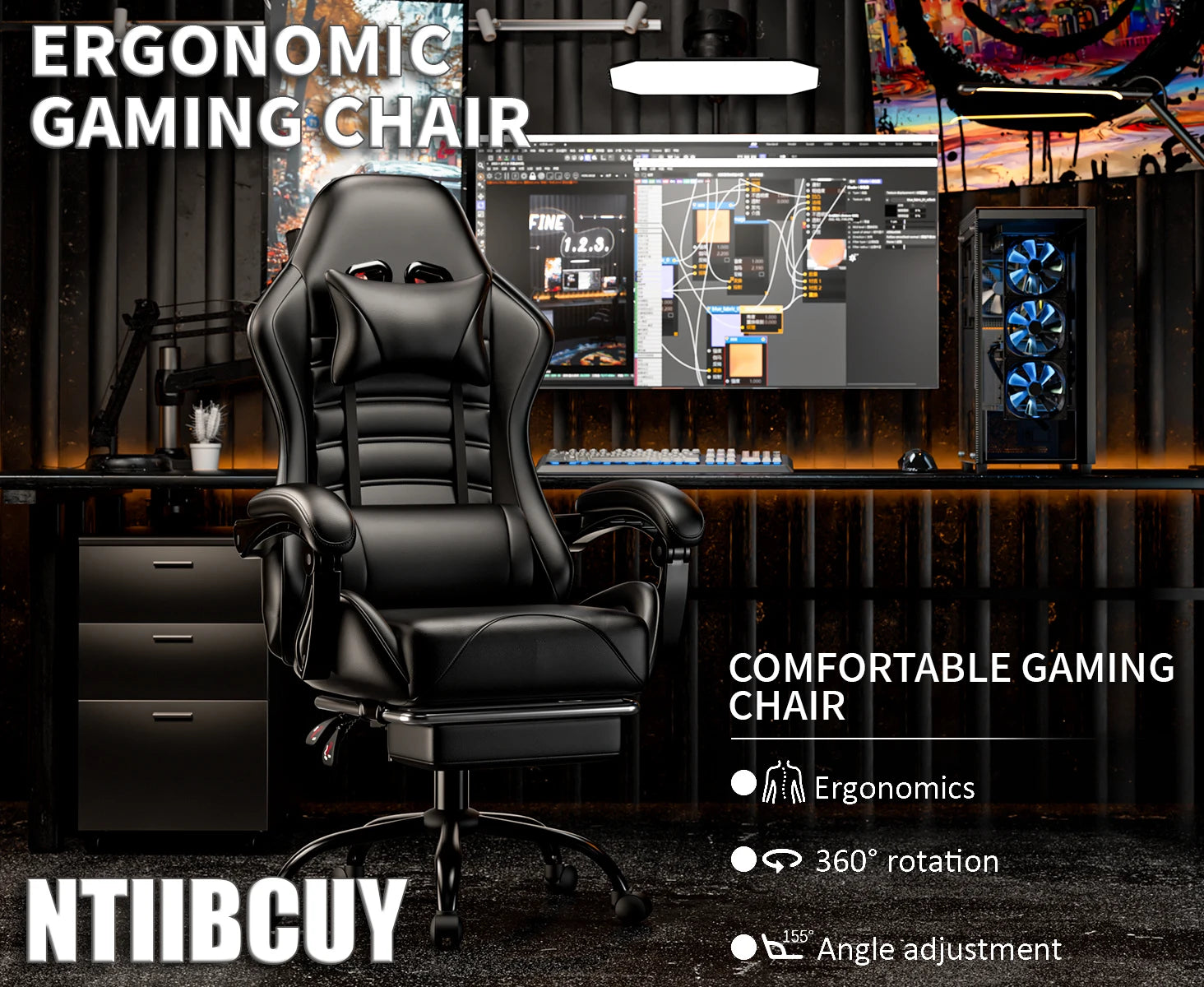 Ergonomic Gaming Chair with Footrest, Racing Style Video Game Chair for Adults, Reclining Gamer Chair Office Chair