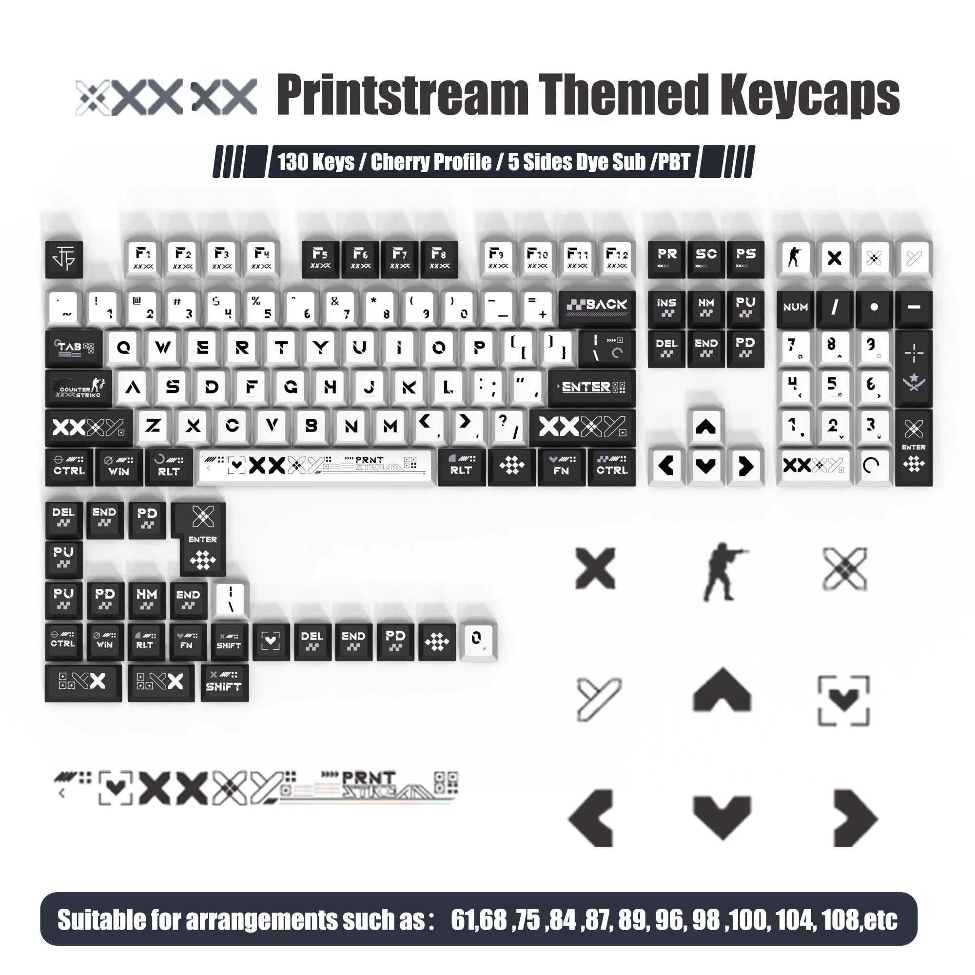 130 Keys Printstream PBT Keycaps – Cherry Profile, 5-Side Dye-Sublimation, for Gateron MX Switches Mechanical Gaming Keyboard