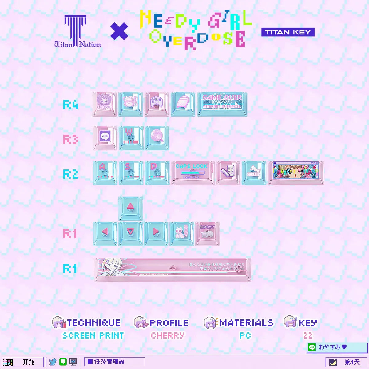 Anime NEEDY Girl Overdose Keycaps – Cute PBT + PC Translucent, Cherry Profile, Custom Keycaps for Mechanical Keyboard Gaming Gifts