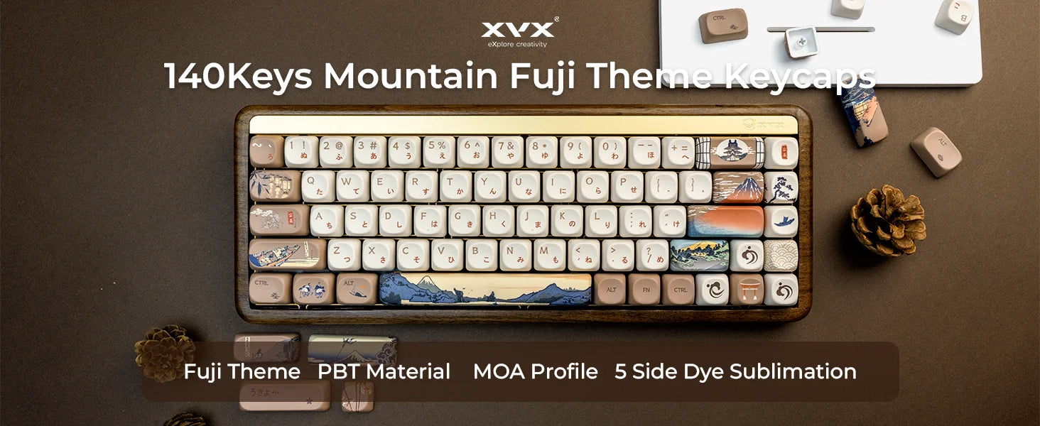 XVX Brown MOA Keycaps – Chinese Style PBT, 140 Keys, Thermal Sublimation, Cherry MX Mechanical Keyboard Keycaps Accessories