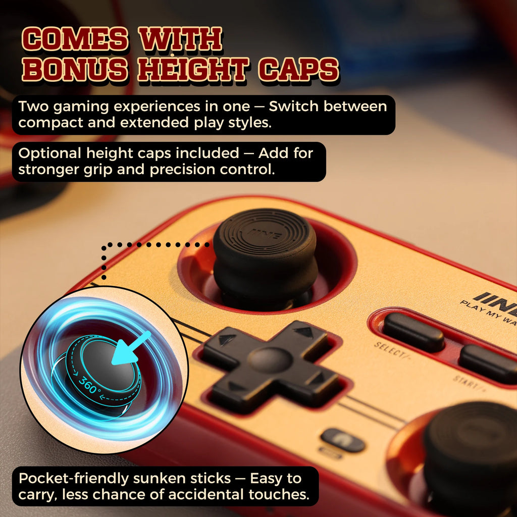 INE Retro Red Pocket Controller - Hall Effect Joysticks, 1000Hz Polling Rate, 6-Axis Gyro, Portable for Switch/PC/Mobile