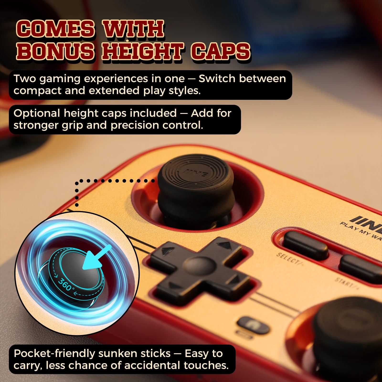 INE Retro Red Pocket Controller - Hall Effect Joysticks, 1000Hz Polling Rate, 6-Axis Gyro, Portable for Switch/PC/Mobile