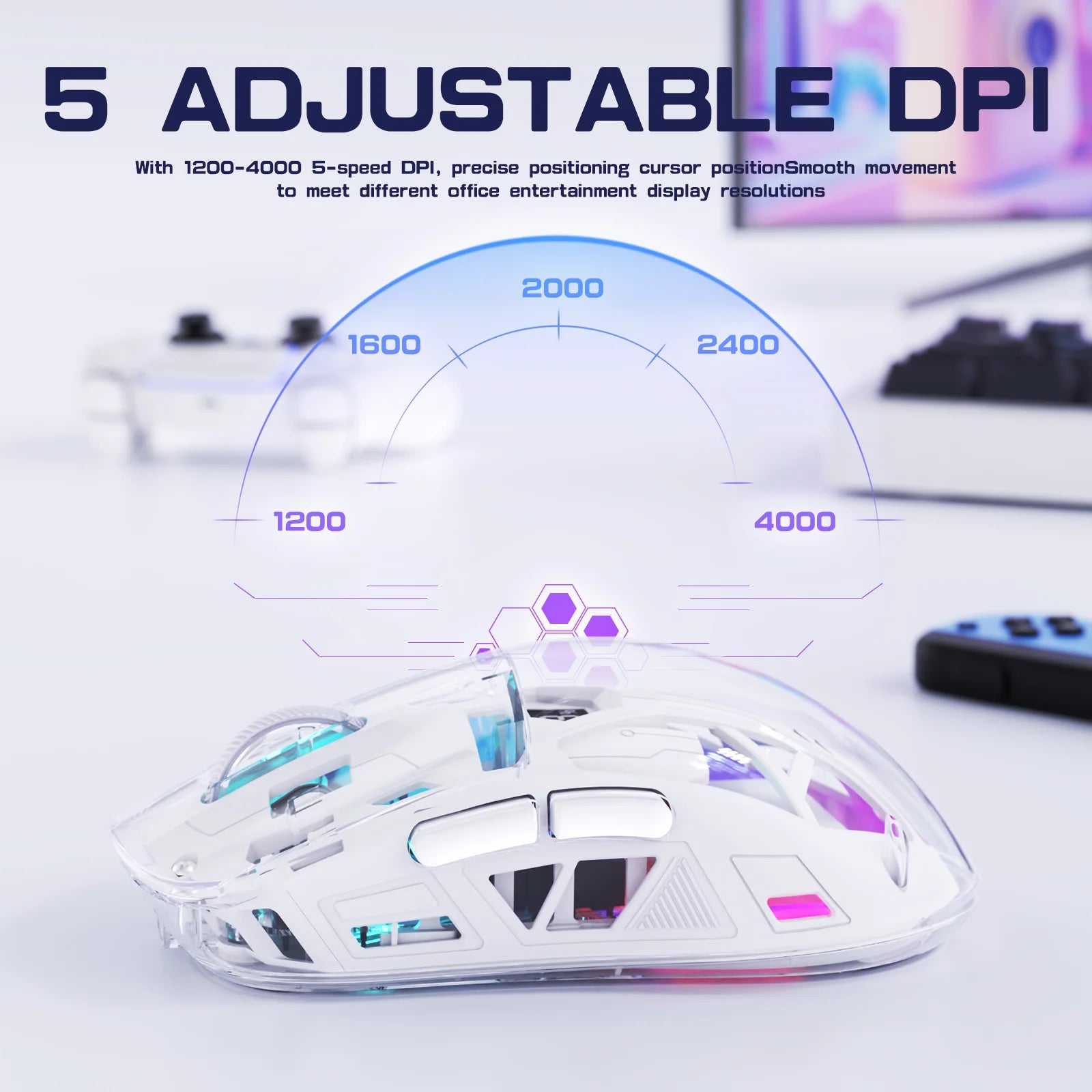 FreeWolf A2 Transparent RGB Wireless Gaming Mouse – Battery Display, Bluetooth & 2.4G, PixArt PAW3212 Sensor