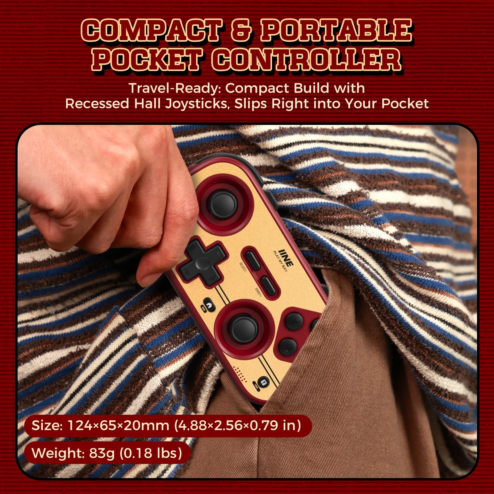 INE Retro Red Pocket Controller - Hall Effect Joysticks, 1000Hz Polling Rate, 6-Axis Gyro, Portable for Switch/PC/Mobile