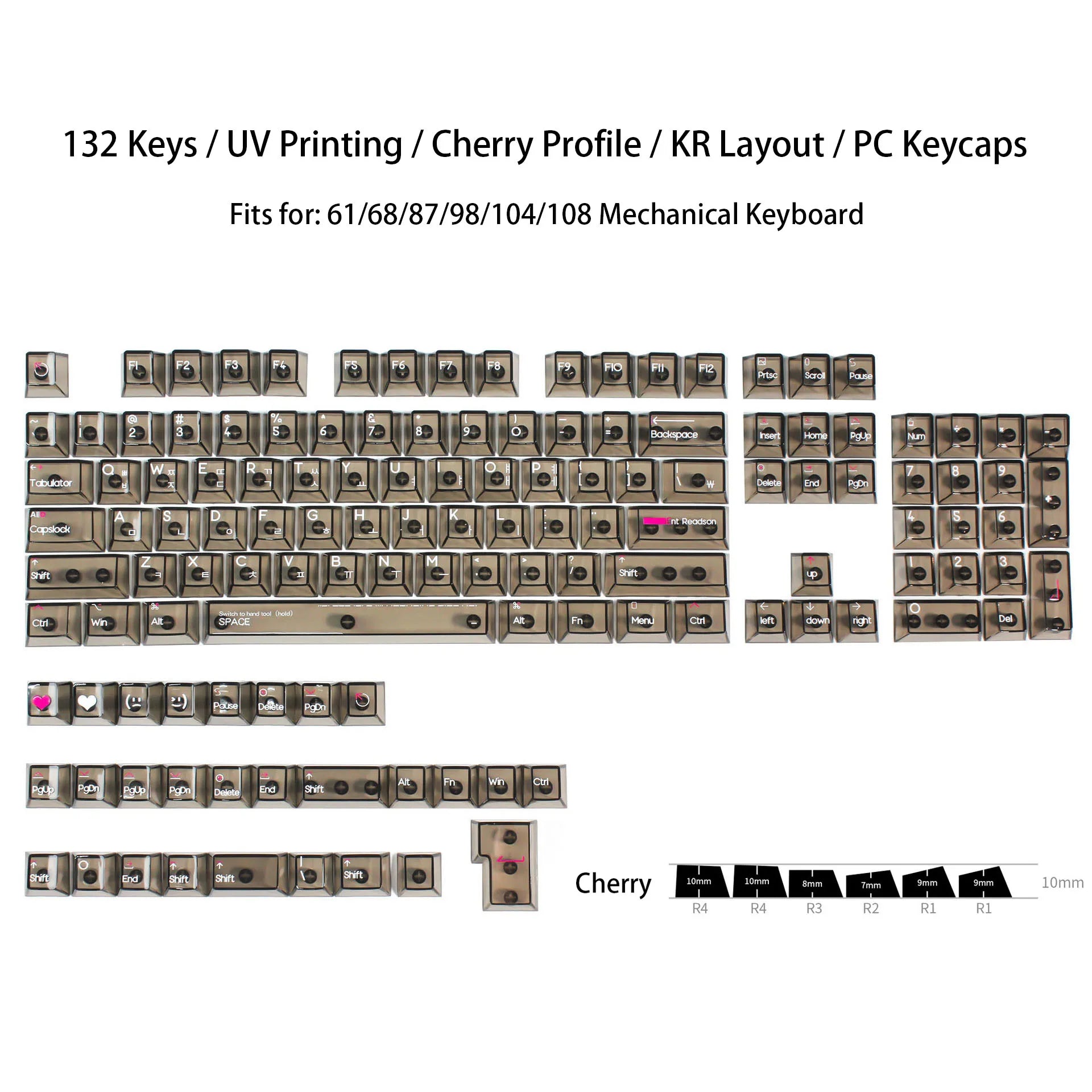 132 Keys Korean Layout Keycaps – Cherry Profile, White Transparent PC Keycaps, UV Printing Crystal Keycaps for MX Switches Gaming Keyboard