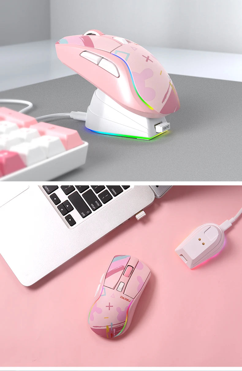 DAREU Tri-Mode Gaming Mouse – Bluetooth / Wired / 2.4G, Charging Base, KBS Buttons, for Laptop & PC Gamers