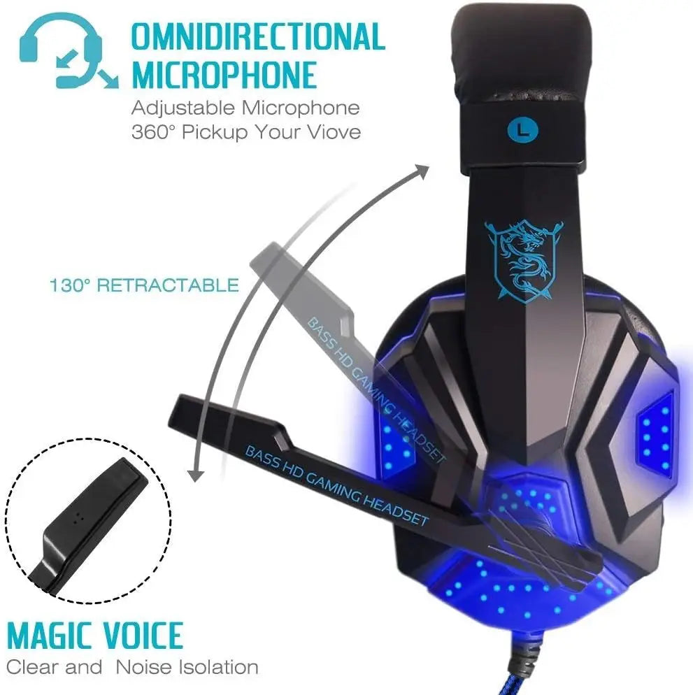 Professional Wired Gaming Headset – LED Light, Bass Stereo Sound, Mic for PC/PS4/PS5/Xbox