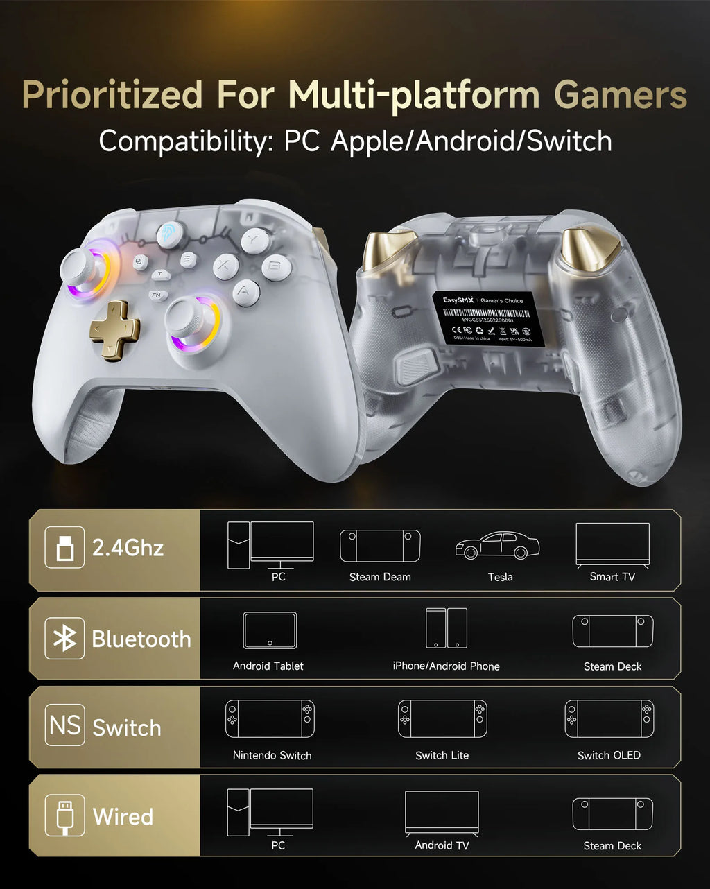EasySMX D05 Wireless Gaming Controller Gamepad for PC/Switch/TV/Phone with Charging Dock RGB Hall Effect Joysticks Triggers