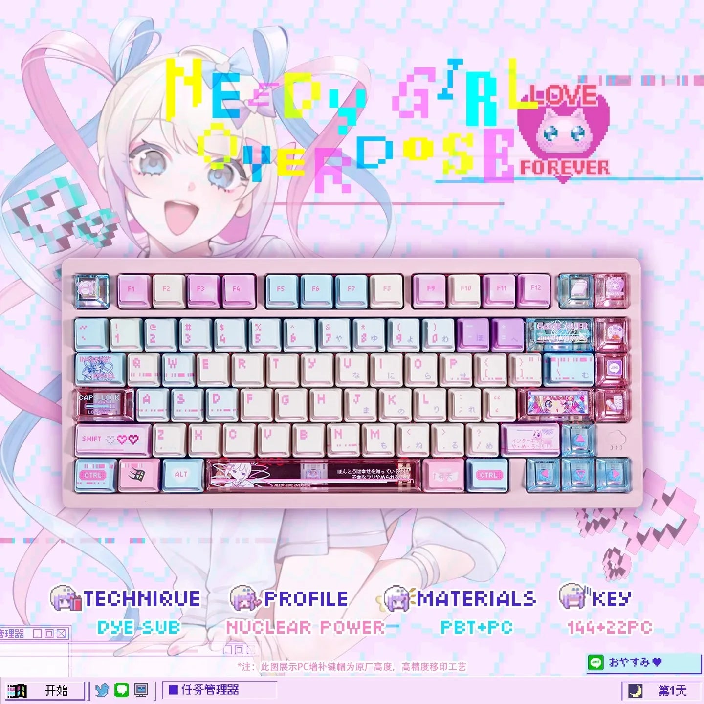 Anime NEEDY Girl Overdose Keycaps – Cute PBT + PC Translucent, Cherry Profile, Custom Keycaps for Mechanical Keyboard Gaming Gifts