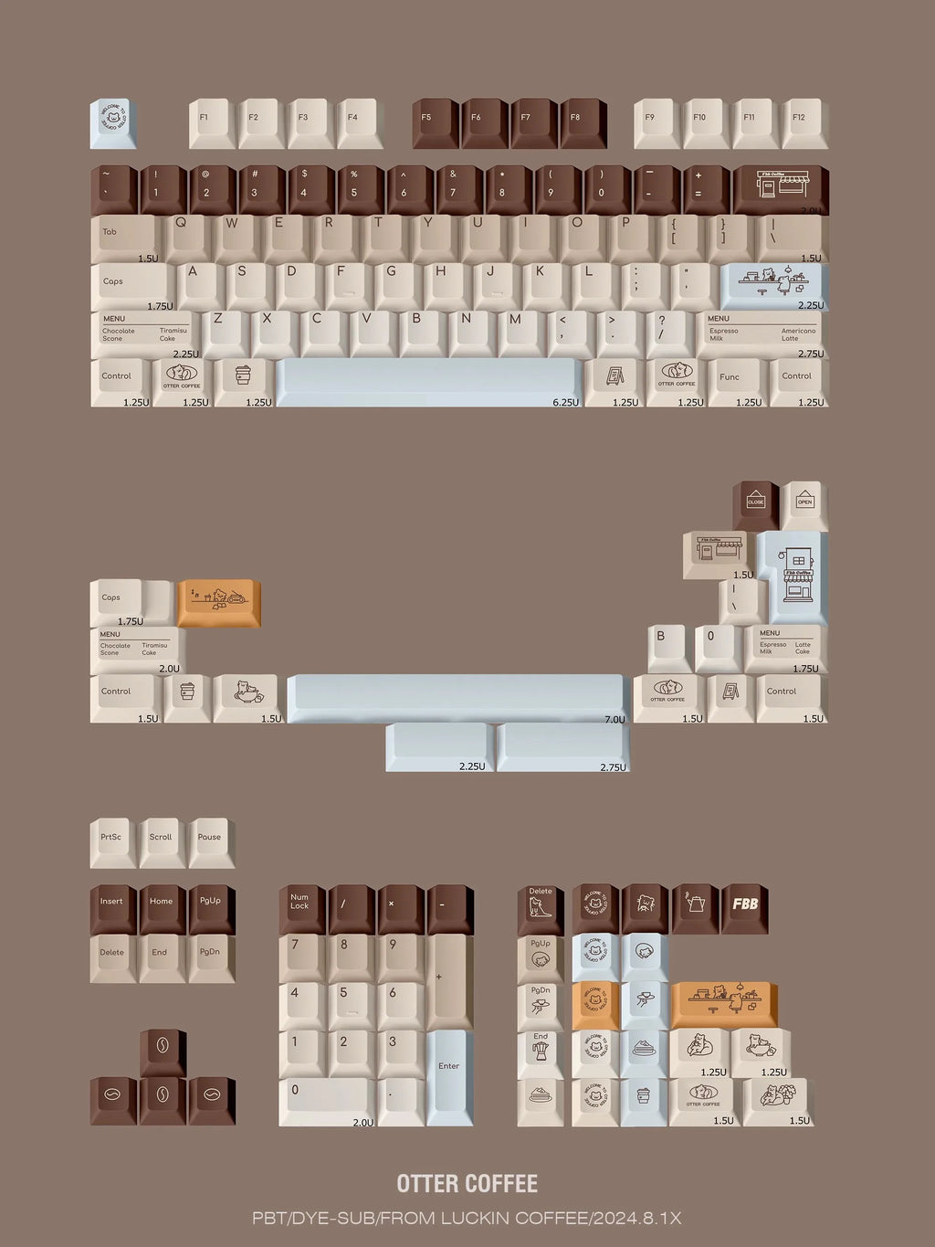 FBB Otter Coffee Theme Keycaps – PBT, Gaming Mechanical Keyboard Keycaps for MX Switch, PC Custom DIY Cute Artisan Accessory