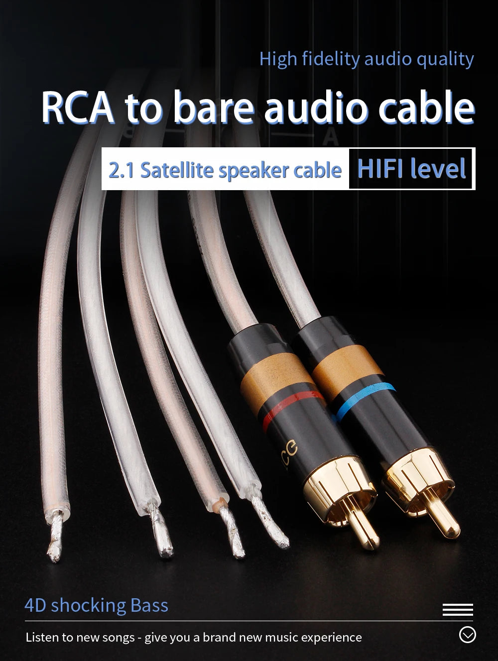 Hi-Fi RCA Speaker Cable – Bare Wire with Replaceable Plug, Speaker Wire to RCA Plug Connector Adapter, RCA to Bare Wire