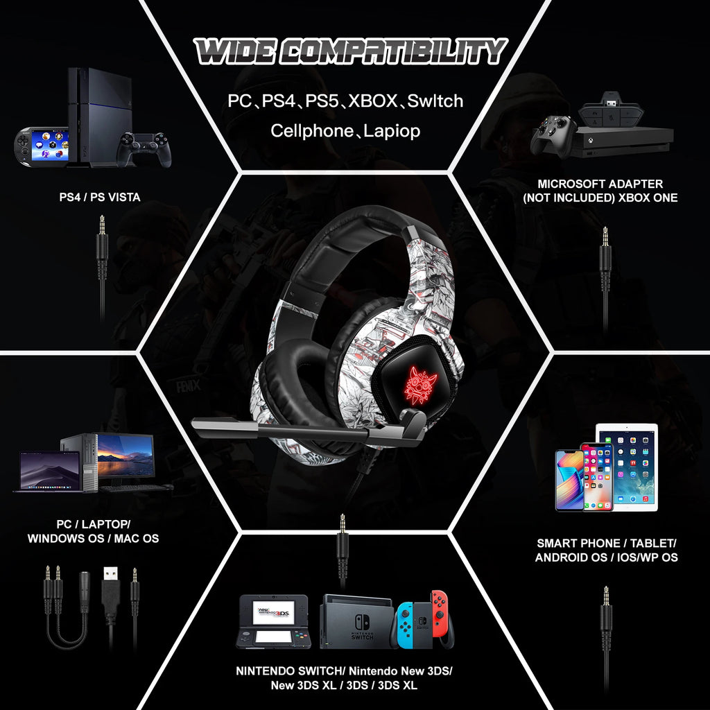 ONIKUMA Wired Gaming Headset – LED Backlight, Noise-Canceling Mic, for PS4/PS5/Xbox/PC