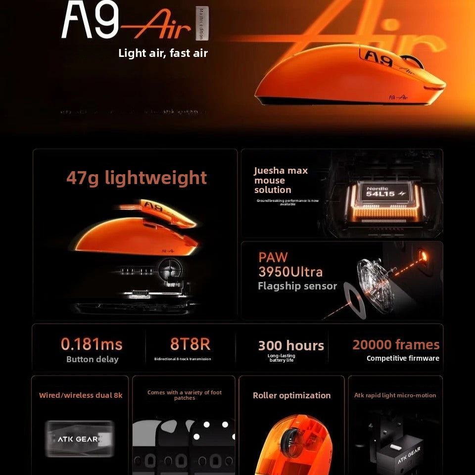 ATK A9 Air Ultimate Dual-Mode Wireless Gaming Mouse – PAW3950 Ultra Sensor, Dual 8K Polling, Lightweight Esports FPS Mouse, for PC Gamers